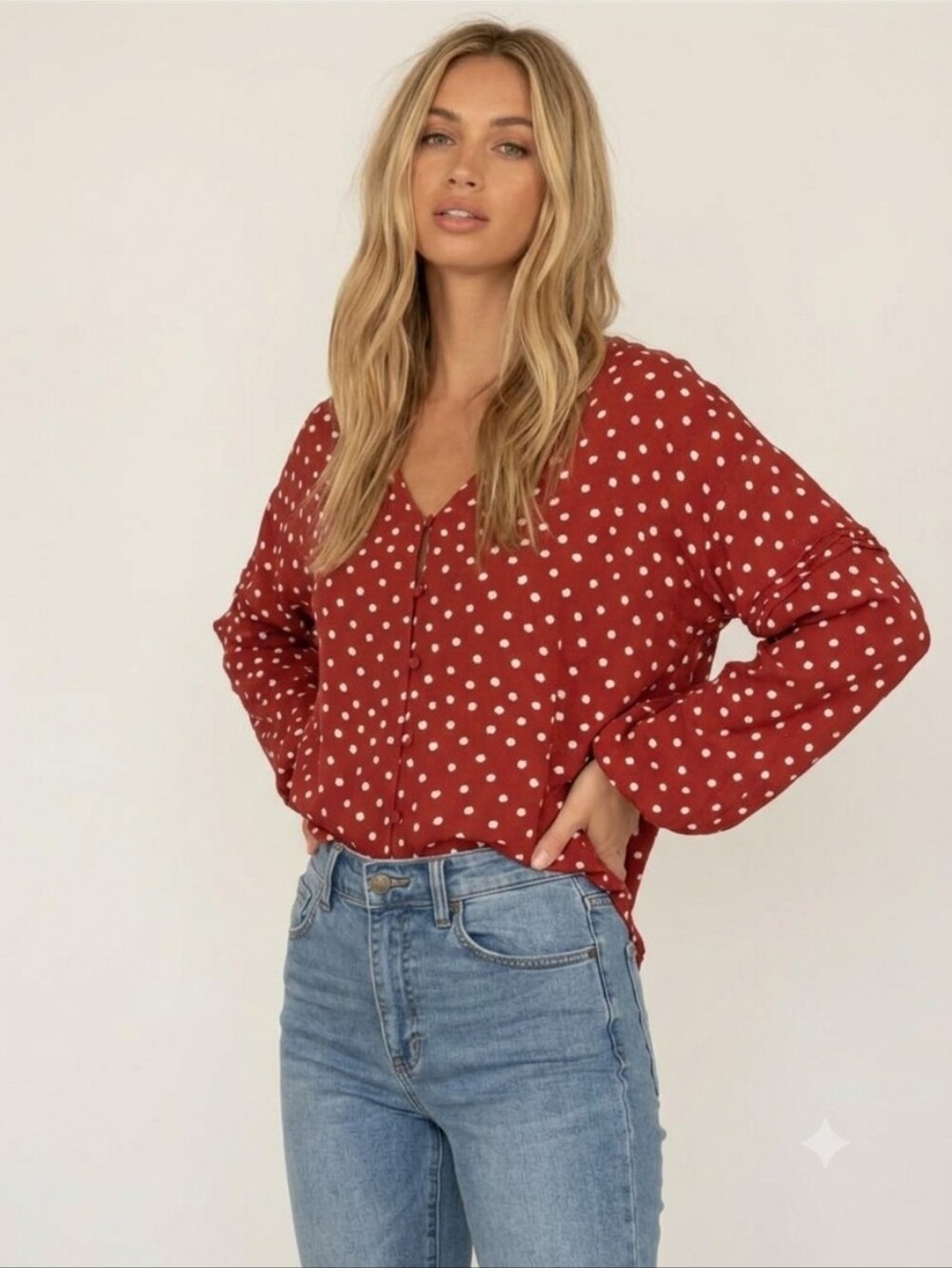 NWT Amuse Society Aria Red Polka Dot Blouse Relaxed Fit
